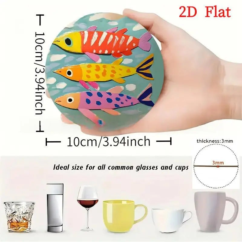 6-piece Watercolor Round Wooden Coasters With Swimming Fish Designs