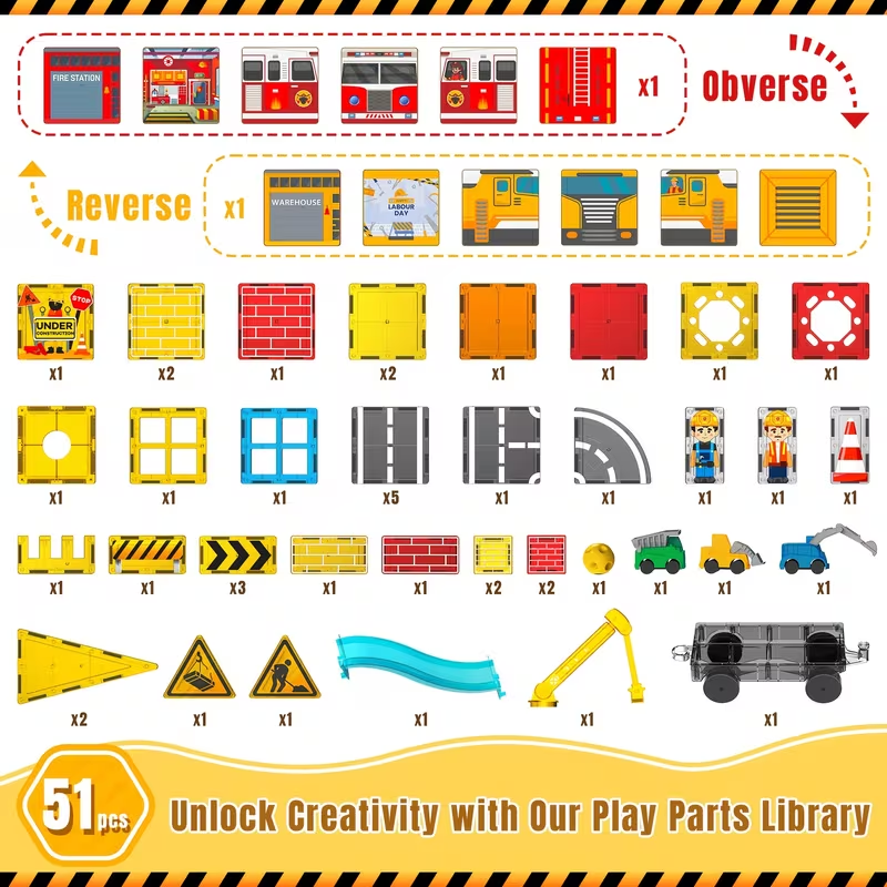51-Piece Magnetic Construction Site Building Set – STEM Engineering & Road Design Kit