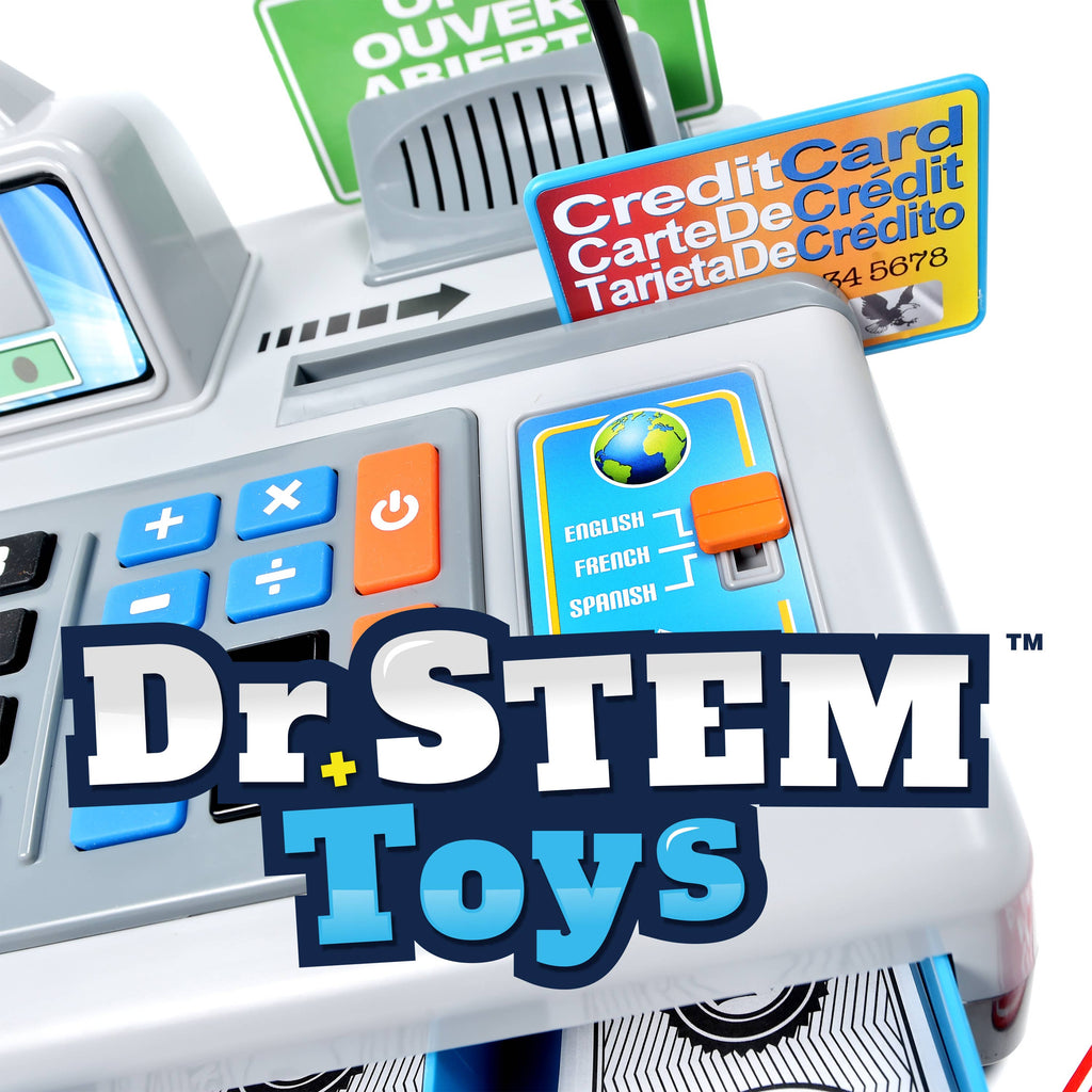 Dr. STEM Toys Talking Cash Register & Pretend Food Bundle– Trilingual Money Counting & Math Learning Toy with Play Money, Credit Cards & Working Microphone – Ages 3+