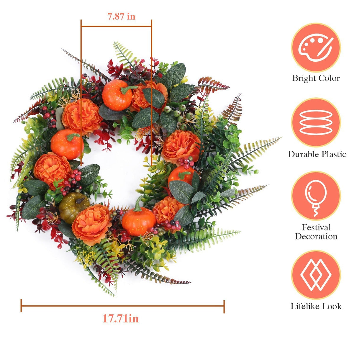 17.71IN Autumn Thanksgiving Wreath with Pumpkin Mixed Leaves Berries Flowers Fall Decoration for Indoor Outdoor Window Wall Front Door