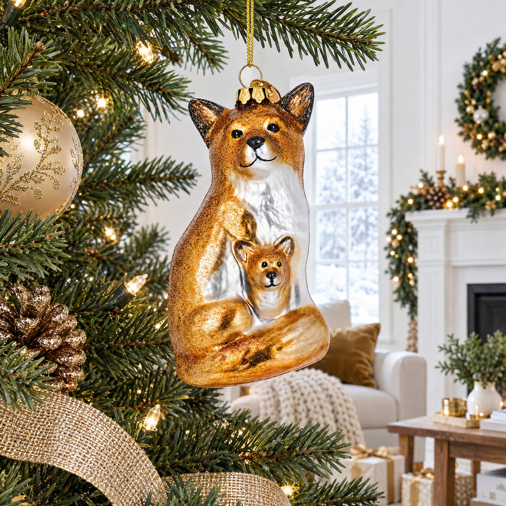 Mother and Baby Fox Glass Christmas Ornament