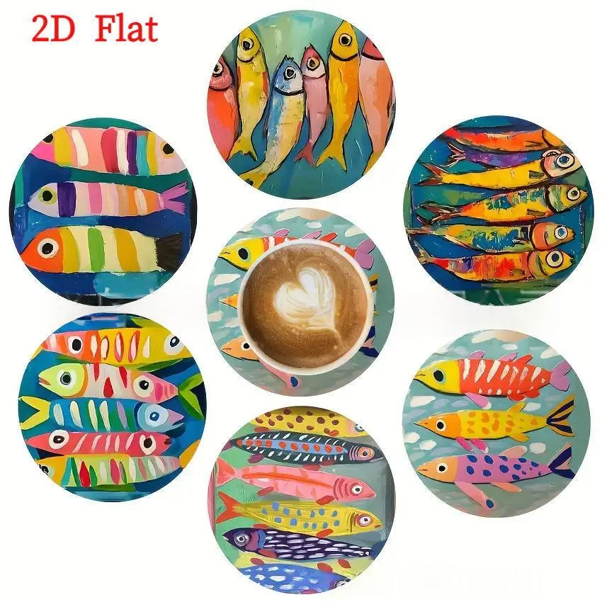 6-piece Watercolor Round Wooden Coasters With Swimming Fish Designs