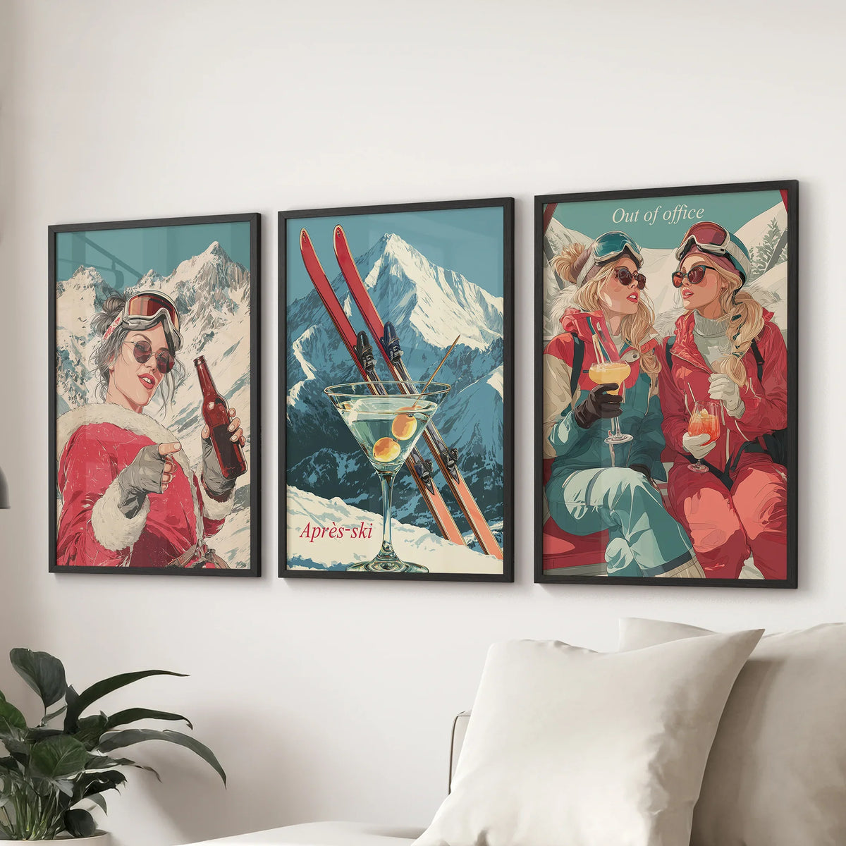 Winter Après Ski Scene Wall Art. Retro Alpine Print Set of 3