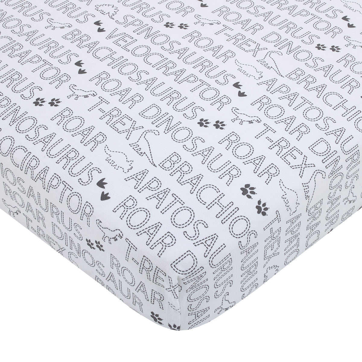 Baby-Saurus Gray, White, and Green Triceratops,  Brontosaurus, and Tyrannosaurus Dinosaurs with Mountains and Leaves 4 Piece Nursery Crib Bedding Set - Comforter, 100% Cotton Fitted Crib Sheet, Crib Skirt, and Storage