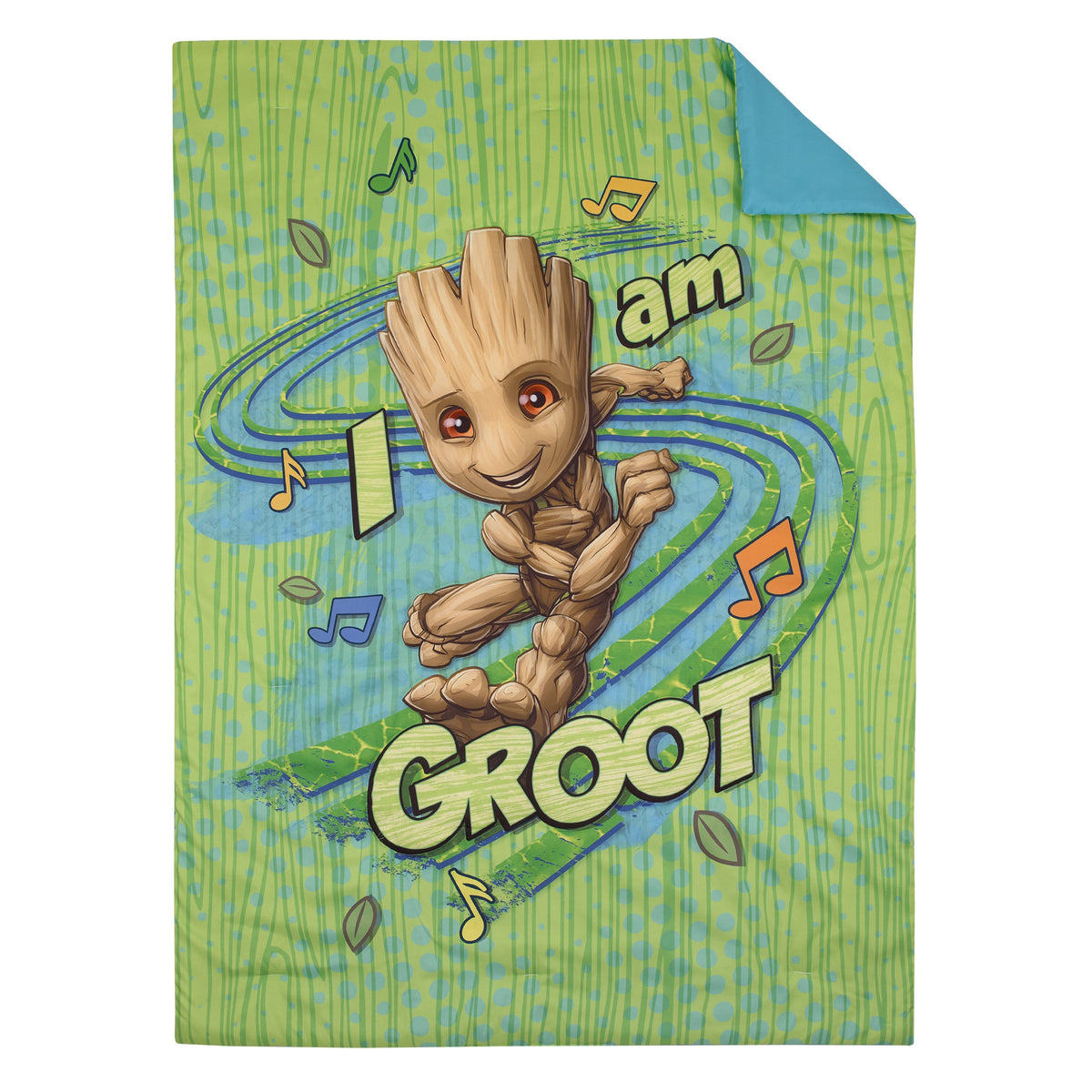 Guardians of the Galaxy I Am Groot Green and Blue 4 Piece Toddler Bed Set - Comforter, Fitted Bottom Sheet, Flat Top Sheet, and Reversible Pillowcase