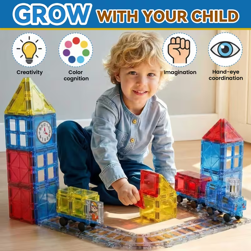 60-Piece Magnetic Train Station Building Set – STEM Engineering & Transportation Learning Kit