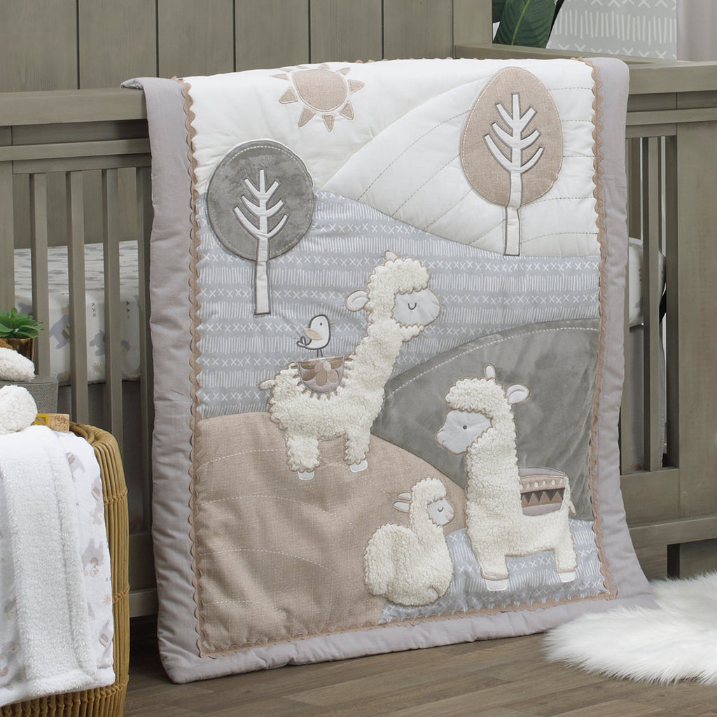 Mama's Little Llama Grey, White and Charcoal 4 Piece Nursery Crib Bedding Set - Comforter, Crib Sheet, Dust Ruffle and Nursery Organizer