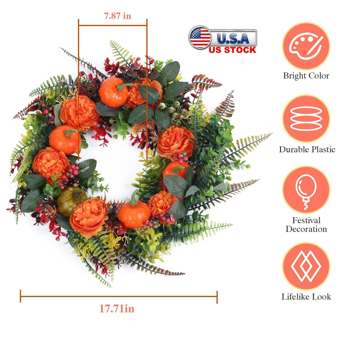 17.71IN Autumn Thanksgiving Wreath with Pumpkin Mixed Leaves Berries Flowers Fall Decoration for Indoor Outdoor Window Wall Front Door