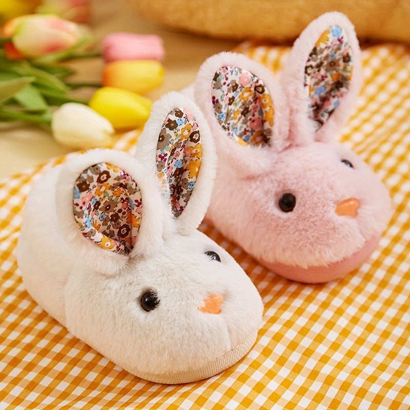 SENMYSAN Kids Bunny Ear Plush Slippers - Cozy Slip-On Indoor House Shoes with Fleece Lining & EVA Sole for Toddlers, Boys & Girls - Pink/Grey/White