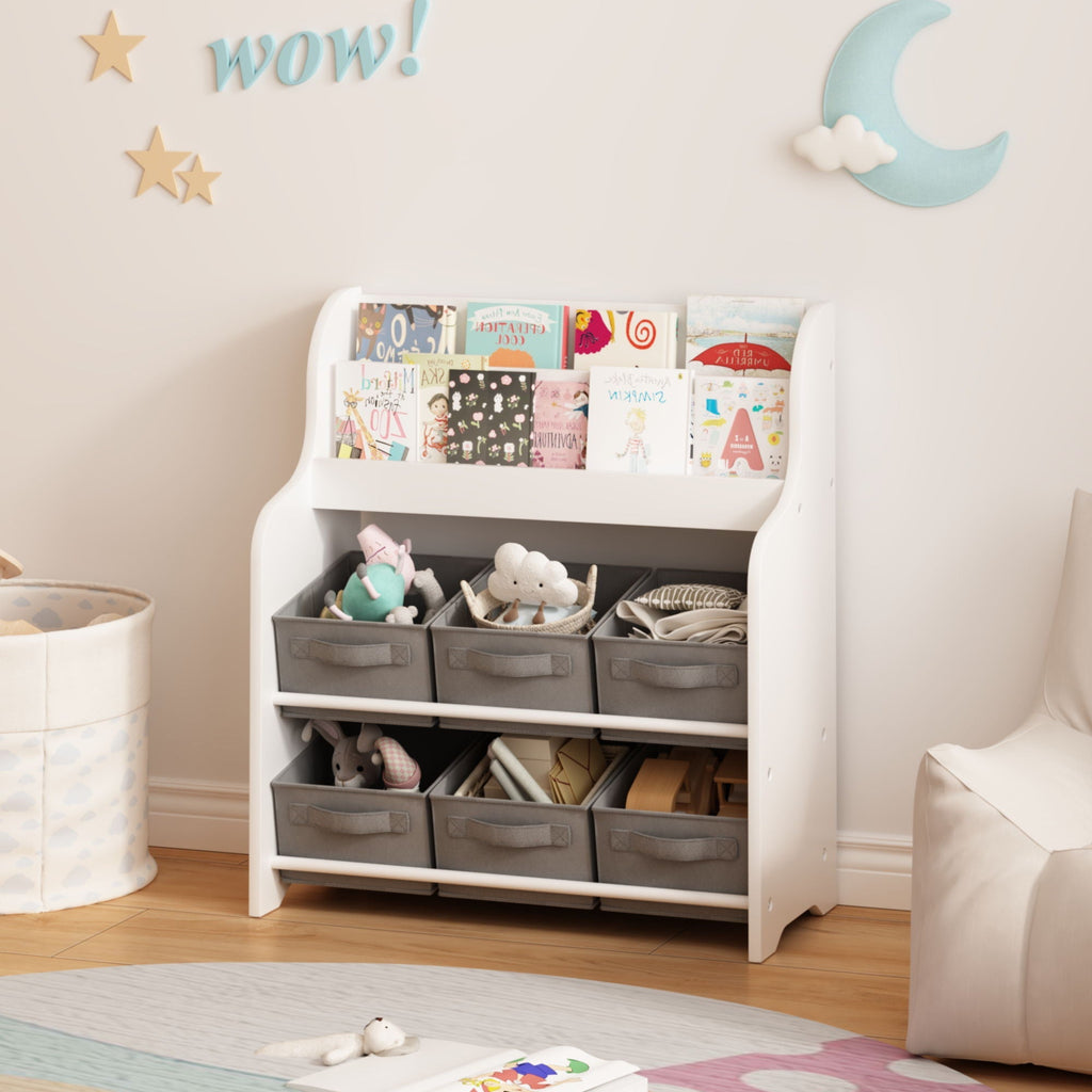 Children's Bookcase with 6 Storage Bins - Multi Functional Organizer - White