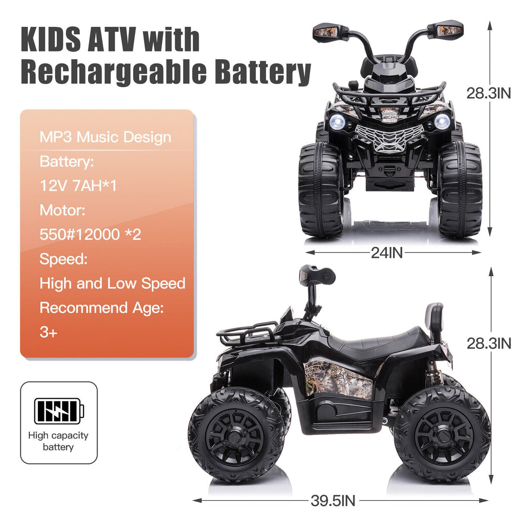 Electric Kids ATV Ride On Car with Music and LED Lights - Black 4-Wheeler for Outdoor Fun