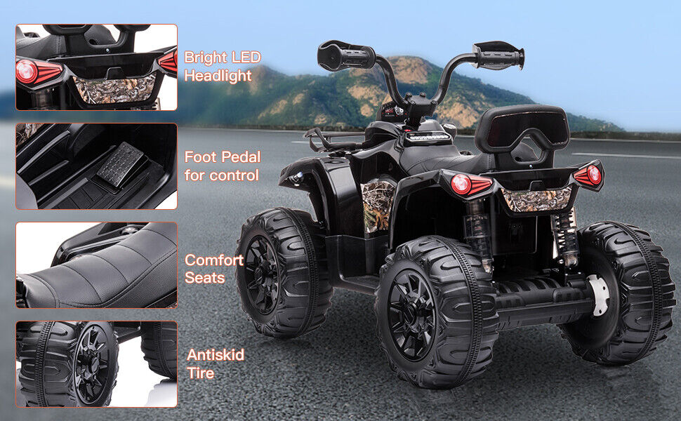 Electric Kids ATV Ride On Car with Music and LED Lights - Black 4-Wheeler for Outdoor Fun