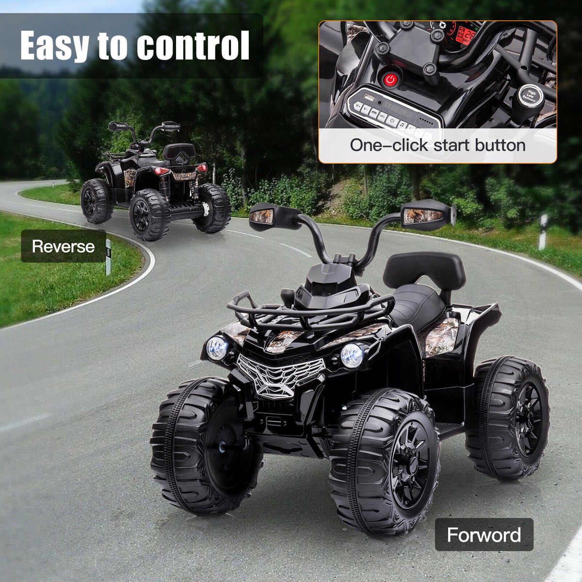 Electric Kids ATV Ride On Car with Music and LED Lights - Black 4-Wheeler for Outdoor Fun