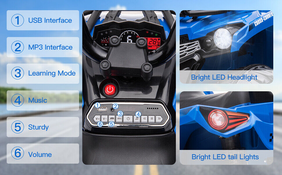 Electric Kids ATV Ride On Car with Music and LED Lights - Black 4-Wheeler for Outdoor Fun