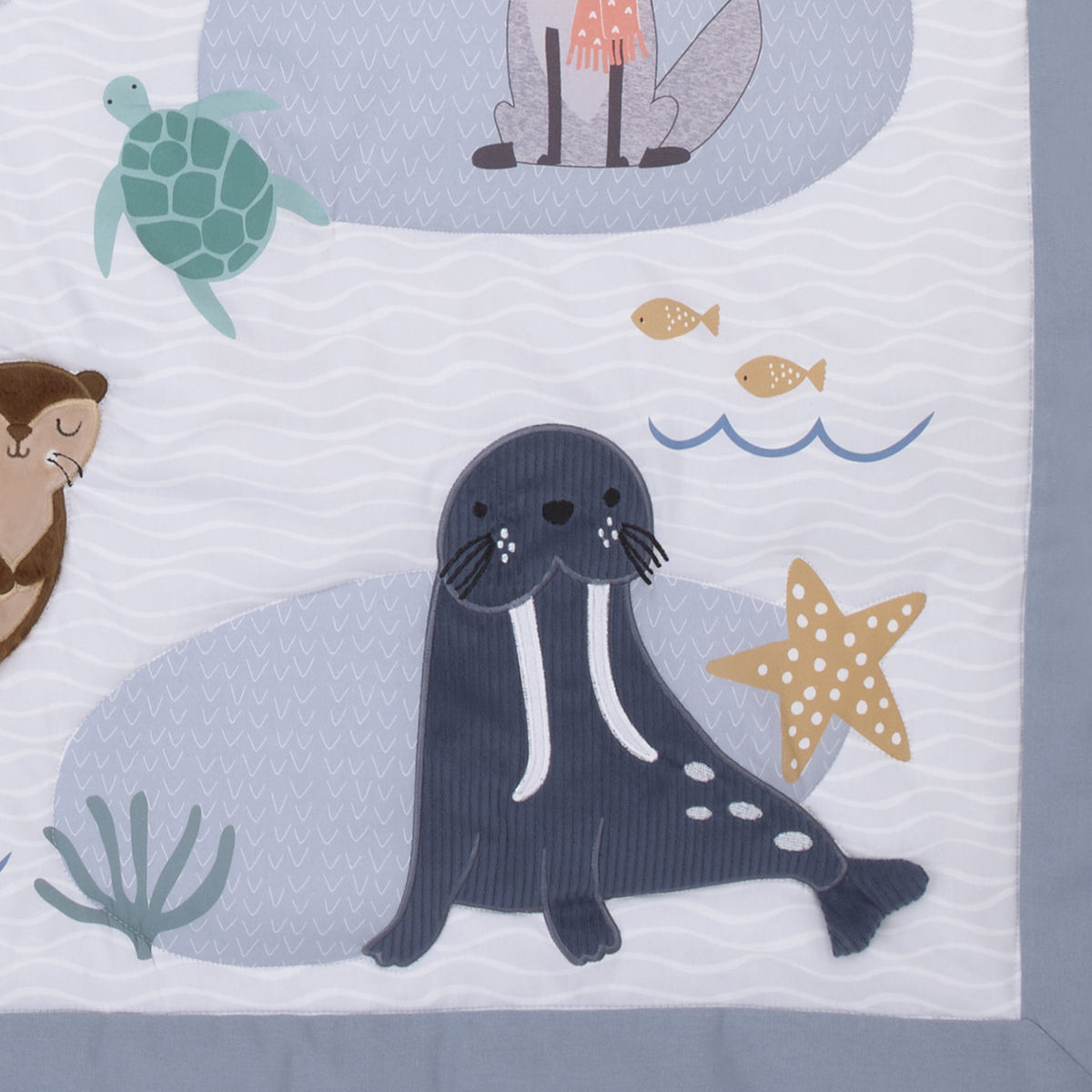 Arctic Adventure Light Blue, White, Taupe and Navy Whales, Walrus, and Otter 4 Piece Nursery Crib Bedding Set - Comforter, 100% Cotton Fitted Crib Sheet, Crib Skirt, and Storage Caddy