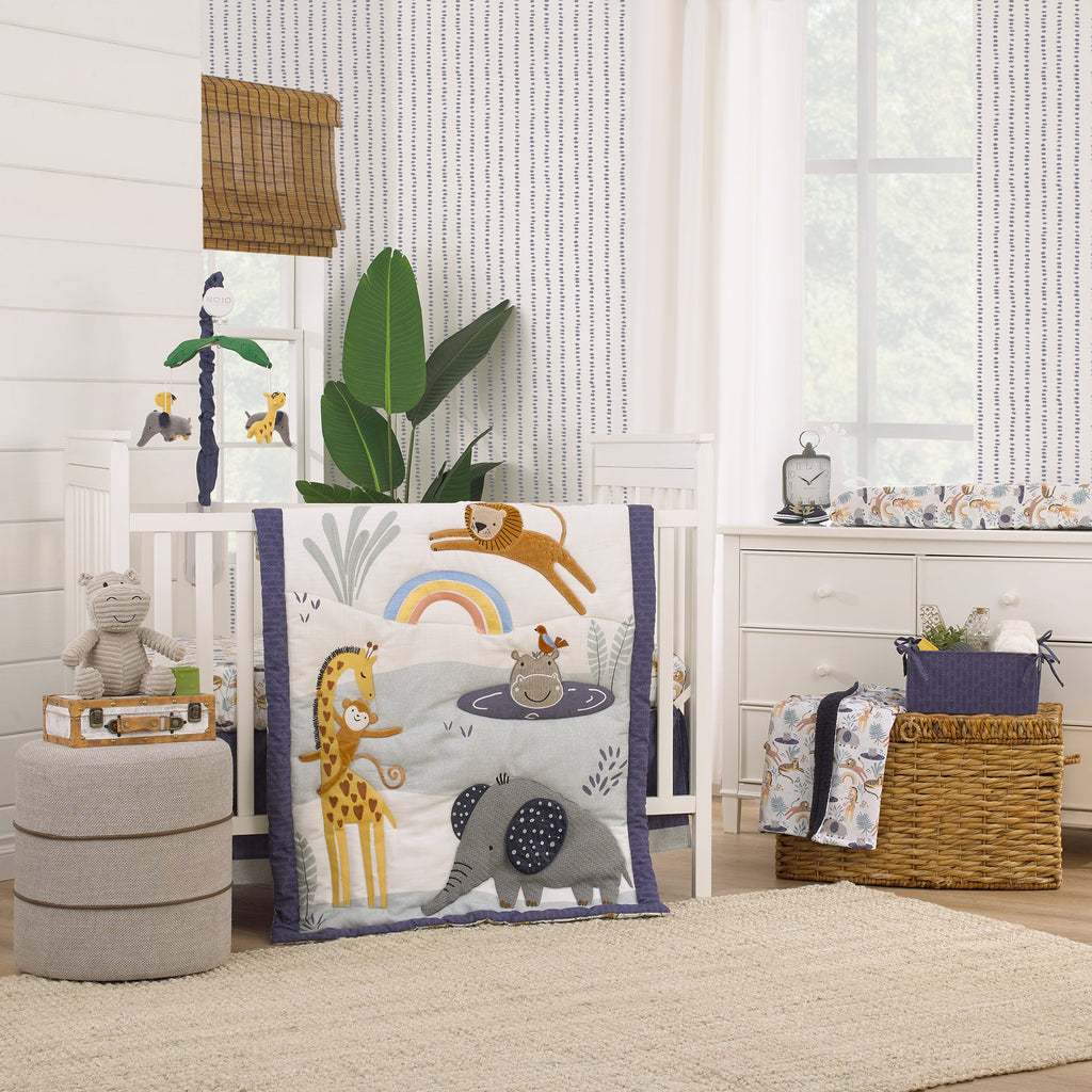 Wild Pals Navy, Gray, and Tan Safari Animals 4 Piece Nursery Crib Bedding Set - Comforter, 100% Cotton Fitted Crib Sheet, Crib Skirt and Nursery Organizer