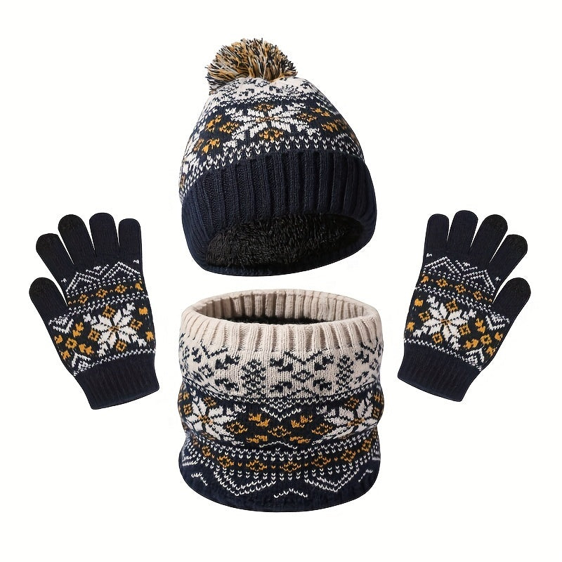 1-Piece Autumn & Winter Children's Warm Set – Cute Snowflake Knitted Hat, Scarf & Gloves for Baby