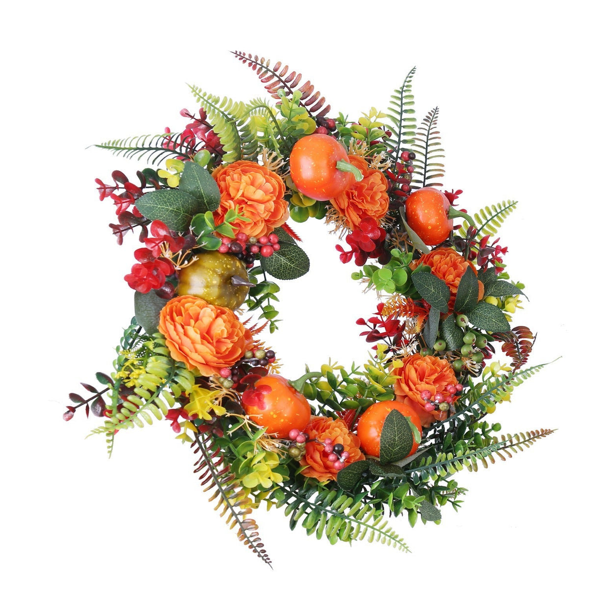 17.71IN Autumn Thanksgiving Wreath with Pumpkin Mixed Leaves Berries Flowers Fall Decoration for Indoor Outdoor Window Wall Front Door