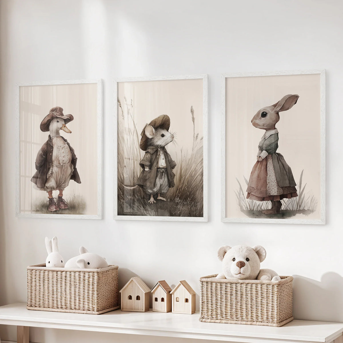 Vintage Animal Nursery Wall Art Set: Duck, Mouse, Rabbit