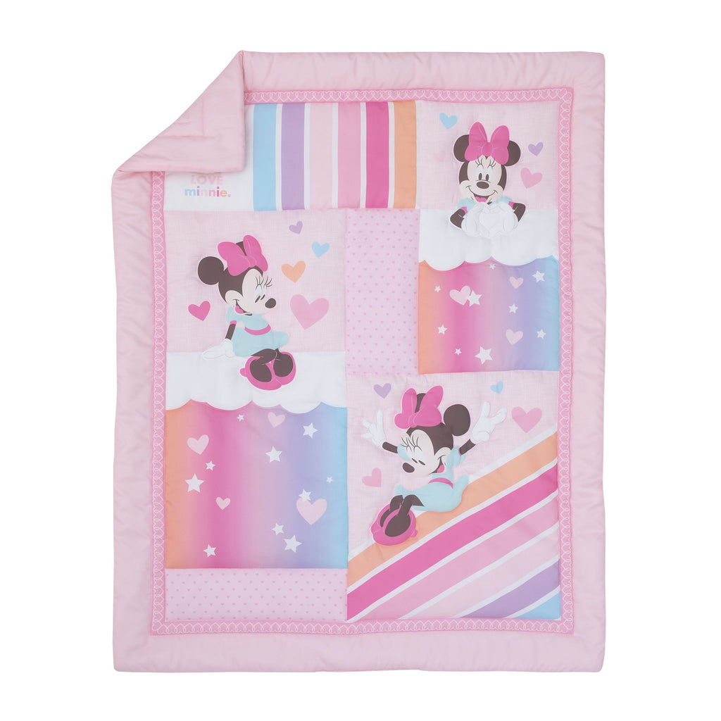 Disney Minnie Mouse Be Happy Pink Rainbow, Stars, and Clouds 3 Piece Nursery Mini Crib Bedding Set - Comforter and Two Fitted Mini Crib Sheets