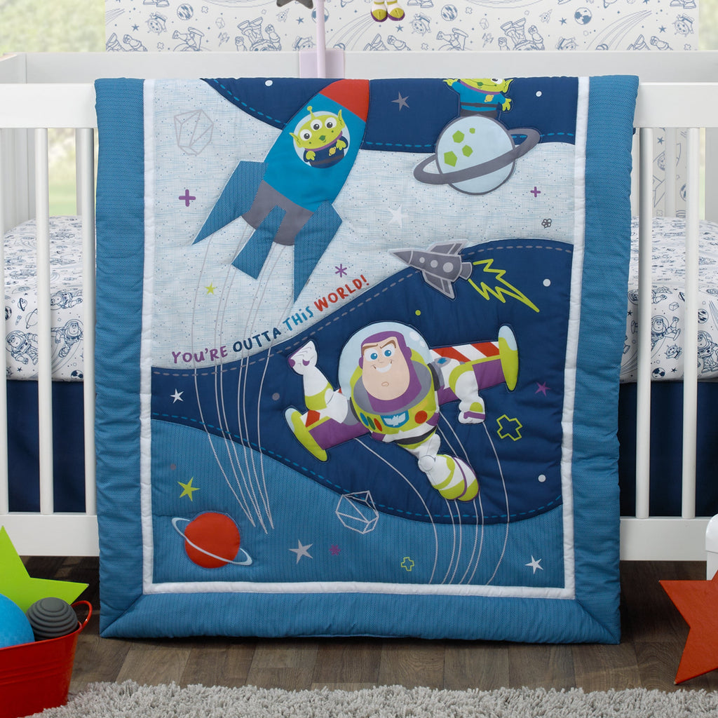 Toy Story Outta This World Blue and Gray Buzz Lightyear 4 Piece Nursery Crib Bedding Set - Comforter, Fitted Crib Sheet, Changing Pad Cover, and Crib Skirt