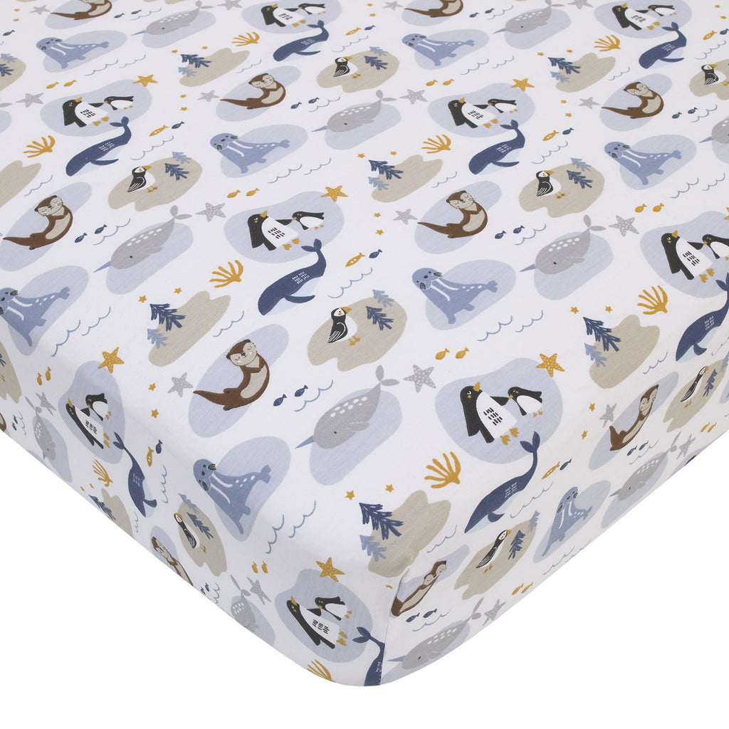 Arctic Adventure Light Blue, White, Taupe and Navy Whales, Walrus, and Otter 4 Piece Nursery Crib Bedding Set - Comforter, 100% Cotton Fitted Crib Sheet, Crib Skirt, and Storage Caddy