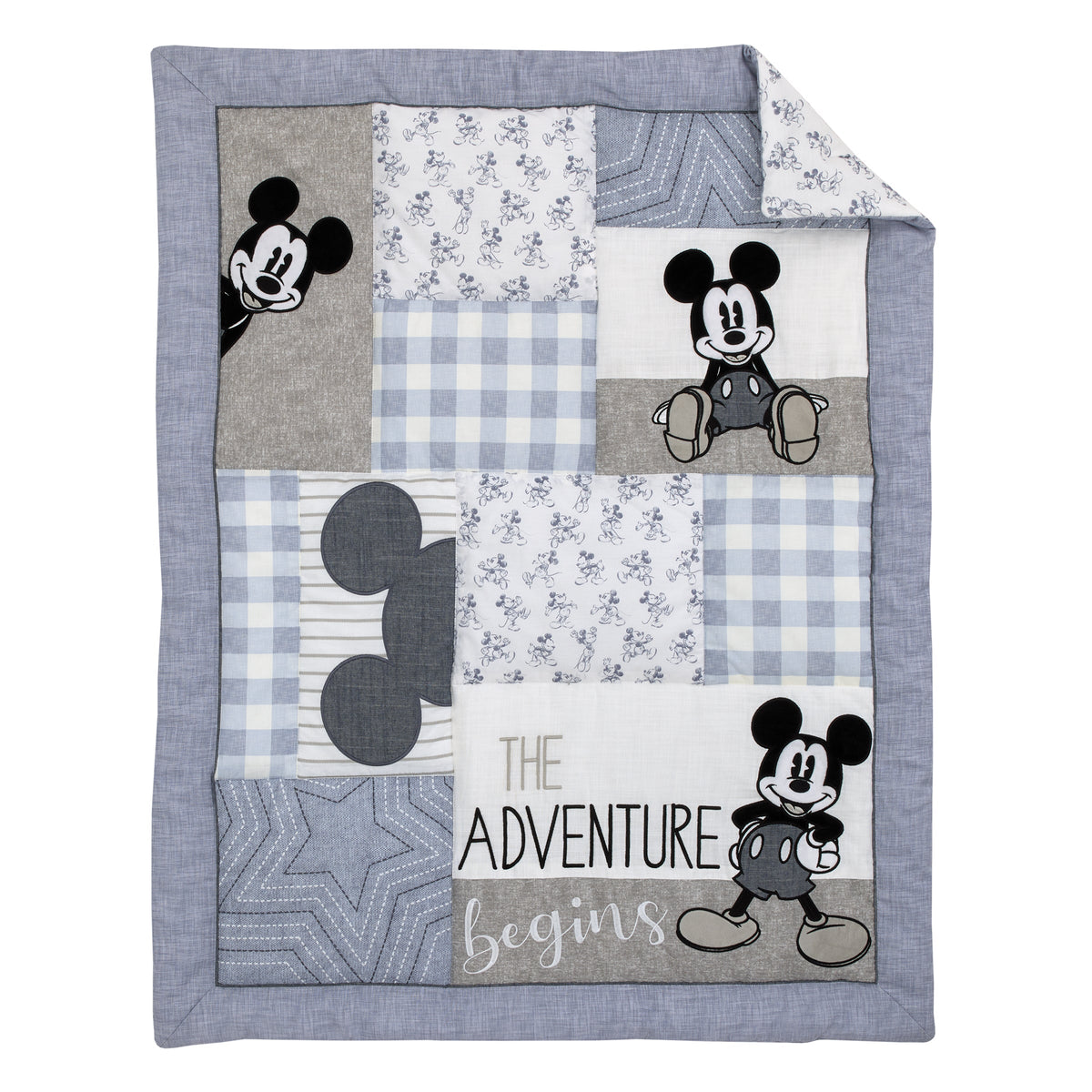Mickey Mouse - Call Me Mickey Blue, White, and Gray The Adventure Begins Stars and Gingham 3 Piece Nursery Crib Bedding Set - Comforter, 100% Cotton Fitted Crib Sheet, and Crib Skirt