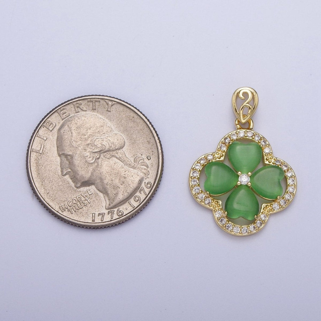 Gold Green Quatrefoil Lucky Clover Micro Paved CZ Pendant For St. Patrick's Day Jewelry Making | X-541