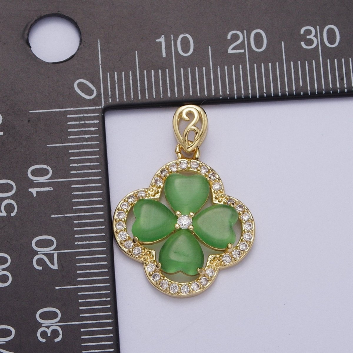 Gold Green Quatrefoil Lucky Clover Micro Paved CZ Pendant For St. Patrick's Day Jewelry Making | X-541
