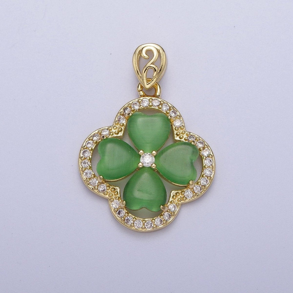 Gold Green Quatrefoil Lucky Clover Micro Paved CZ Pendant For St. Patrick's Day Jewelry Making | X-541