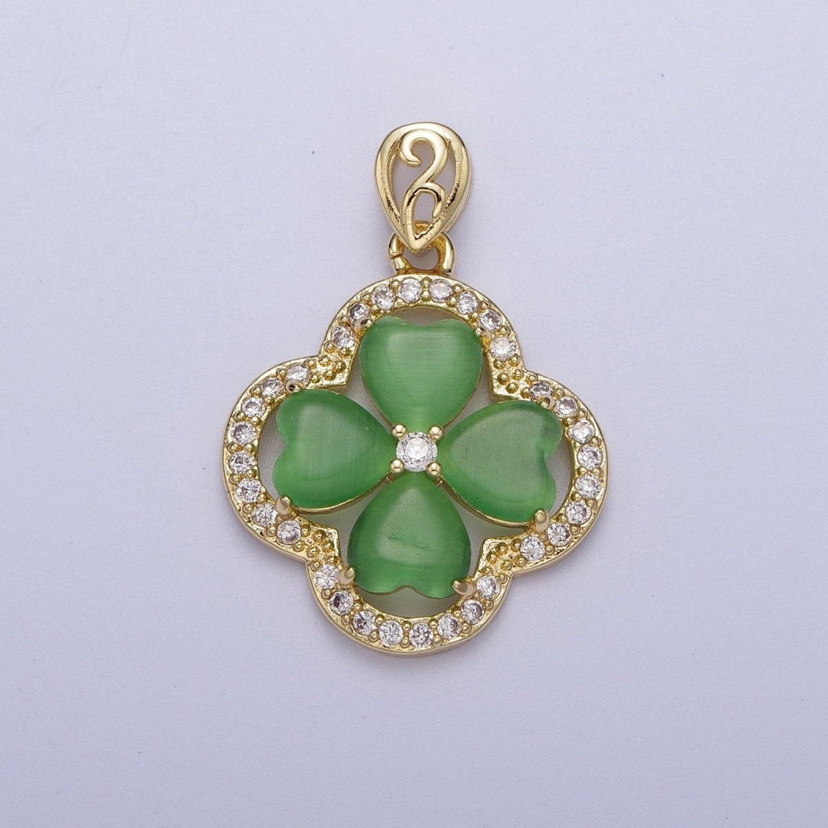 Gold Green Quatrefoil Lucky Clover Micro Paved CZ Pendant For St. Patrick's Day Jewelry Making | X-541