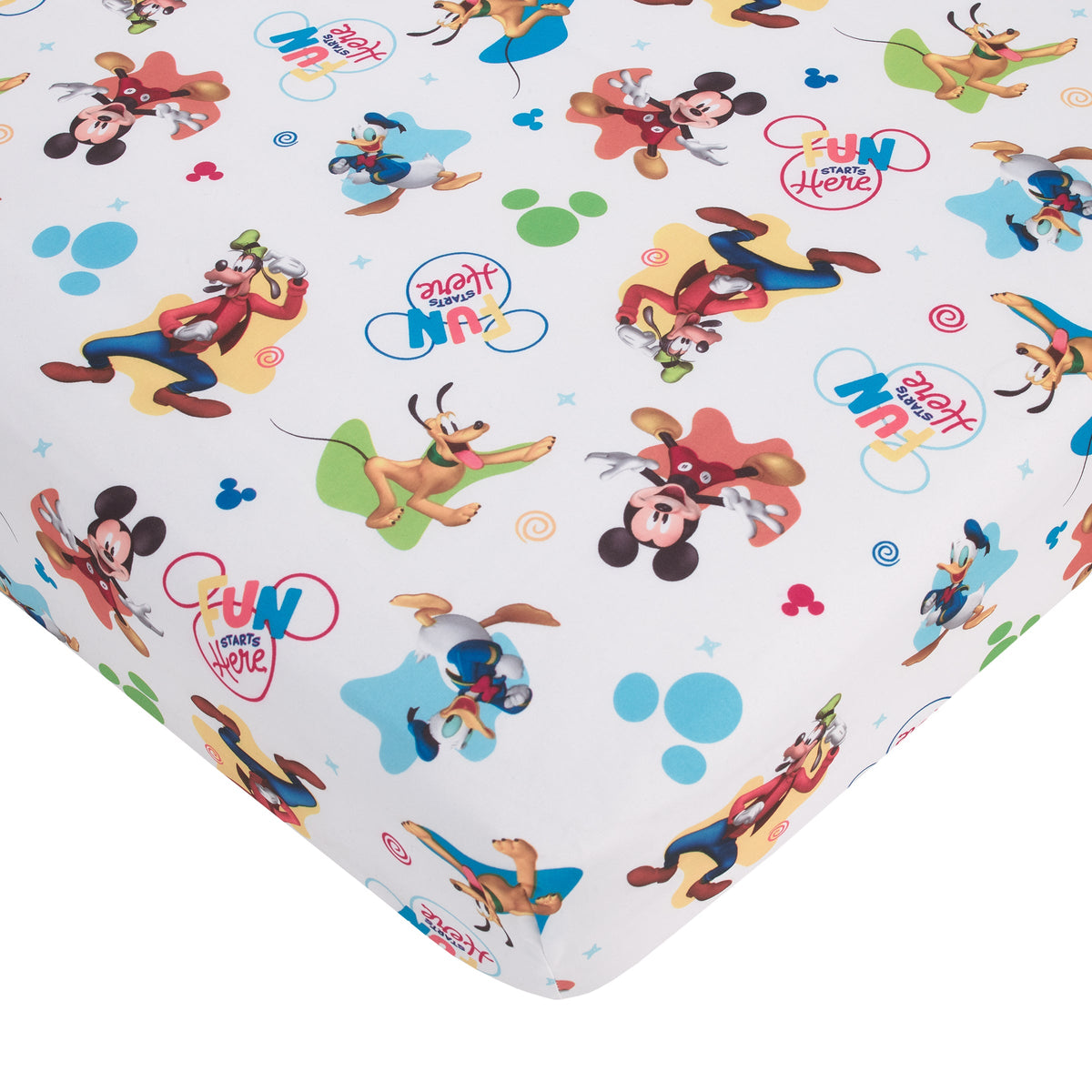 Disney Mickey Mouse Blue, Red, and Green, Donald Duck, Pluto, and Goofy, Fun Starts Here 4 Piece Toddler Bed Set - Comforter, Fitted Bottom Sheet, Flat Top Sheet, and Reversible Pillowcase