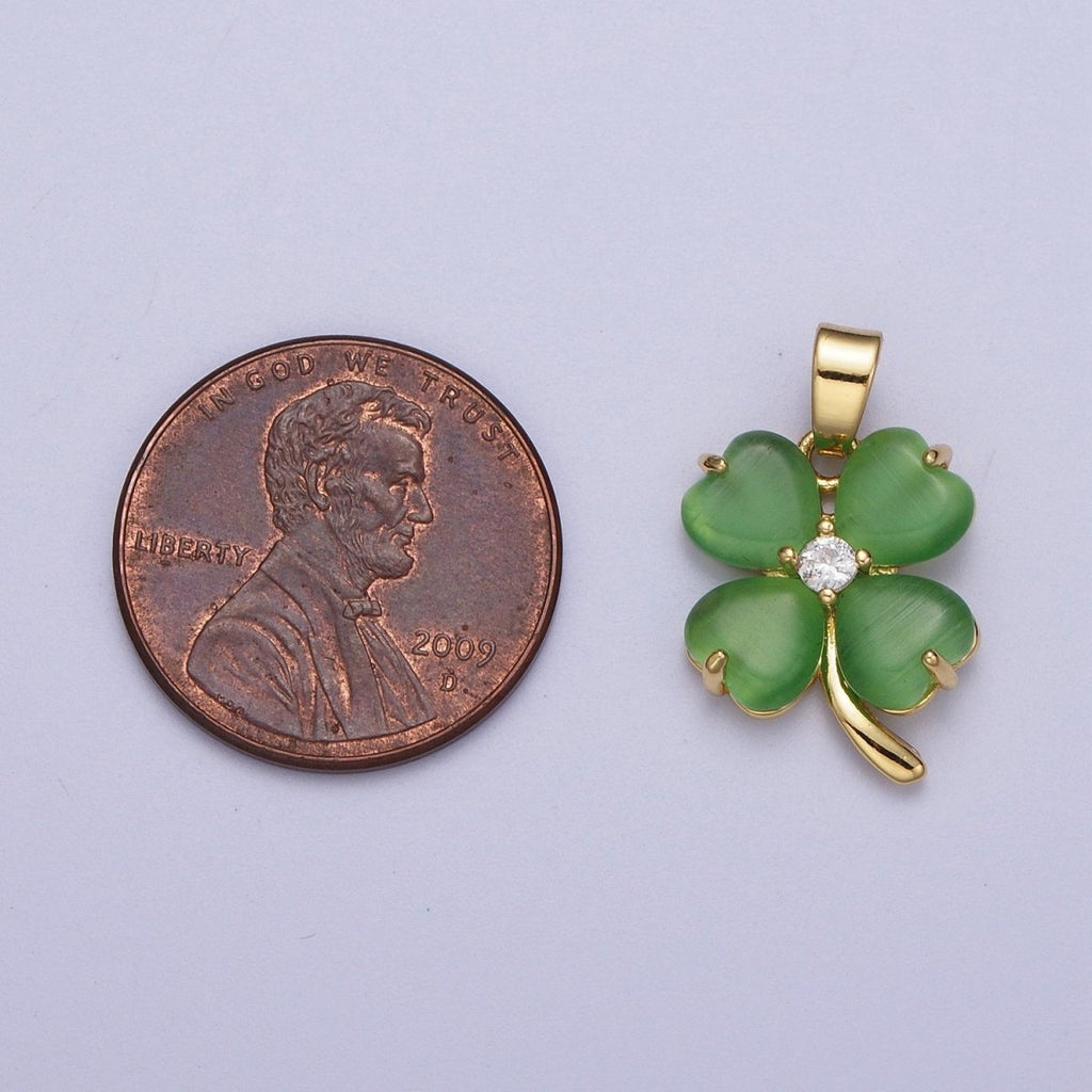 Green Quatrefoil Lucky Clover Gold Cubic Zirconia Pendant Jewelry Component For Saint Patrick Day | X-674