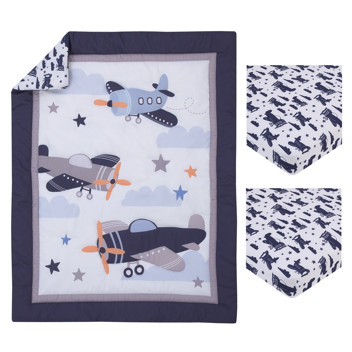 Soar High Little One Navy, Light Blue, Orange, and White Airplanes, Clouds, and Stars 3 Piece Nursery Mini Crib Bedding Set - Comforter, and Two Fitted Mini Crib Sheets