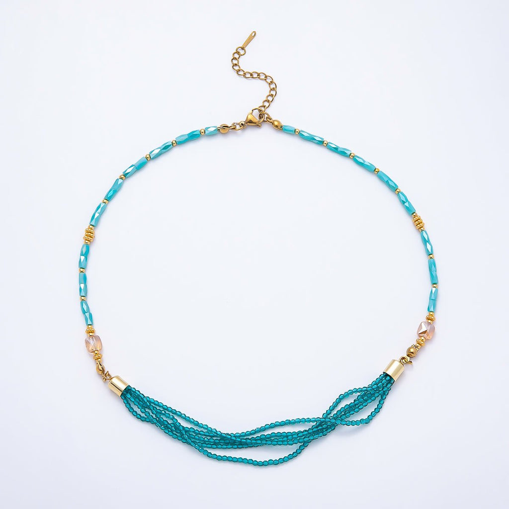 Handmade 3mm Blue, Red, White Crystal Round Tube Multi Layer Gemstone Chain 16.5 Inch Necklace | WA-00811 WA-00827 WA-00835