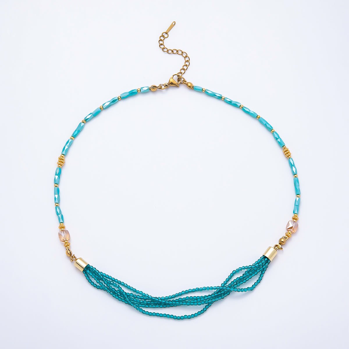 Handmade 3mm Blue, Red, White Crystal Round Tube Multi Layer Gemstone Chain 16.5 Inch Necklace | WA-00811 WA-00827 WA-00835