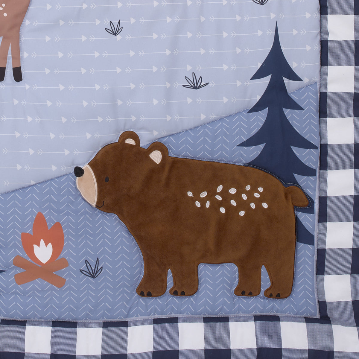 National Park Navy Buffalo Check, Gray, Blue, and Brown Camping Bear, Deer, and Fox 3 Piece Nursery Crib Bedding Set - Comforter, Fitted Crib Sheet, and Crib Skirt