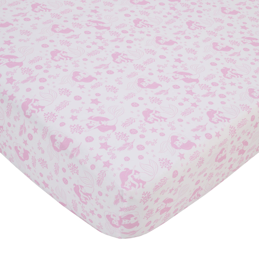 The Little Mermaid Pink, Aqua, and Coral Ariel Cute by Nature 4 Piece Nursery Crib Bedding Set - Comforter, Fitted Crib Sheet, Changing Pad Cover, and Crib Skirt
