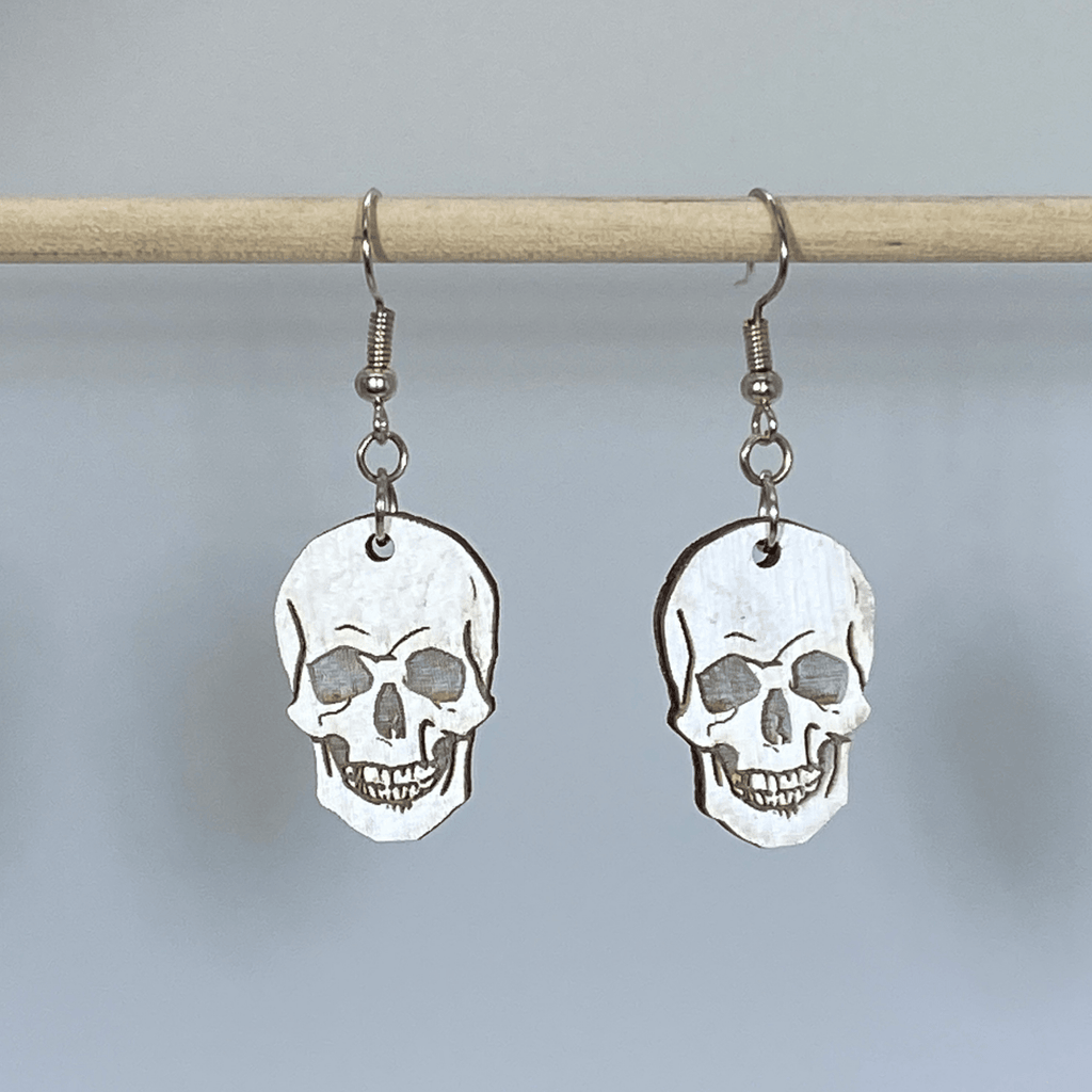 Human Skull Wooden Dangle Earrings | Gothic Halloween Jewelry