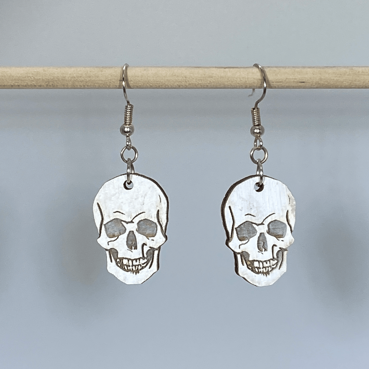 Human Skull Wooden Dangle Earrings | Gothic Halloween Jewelry