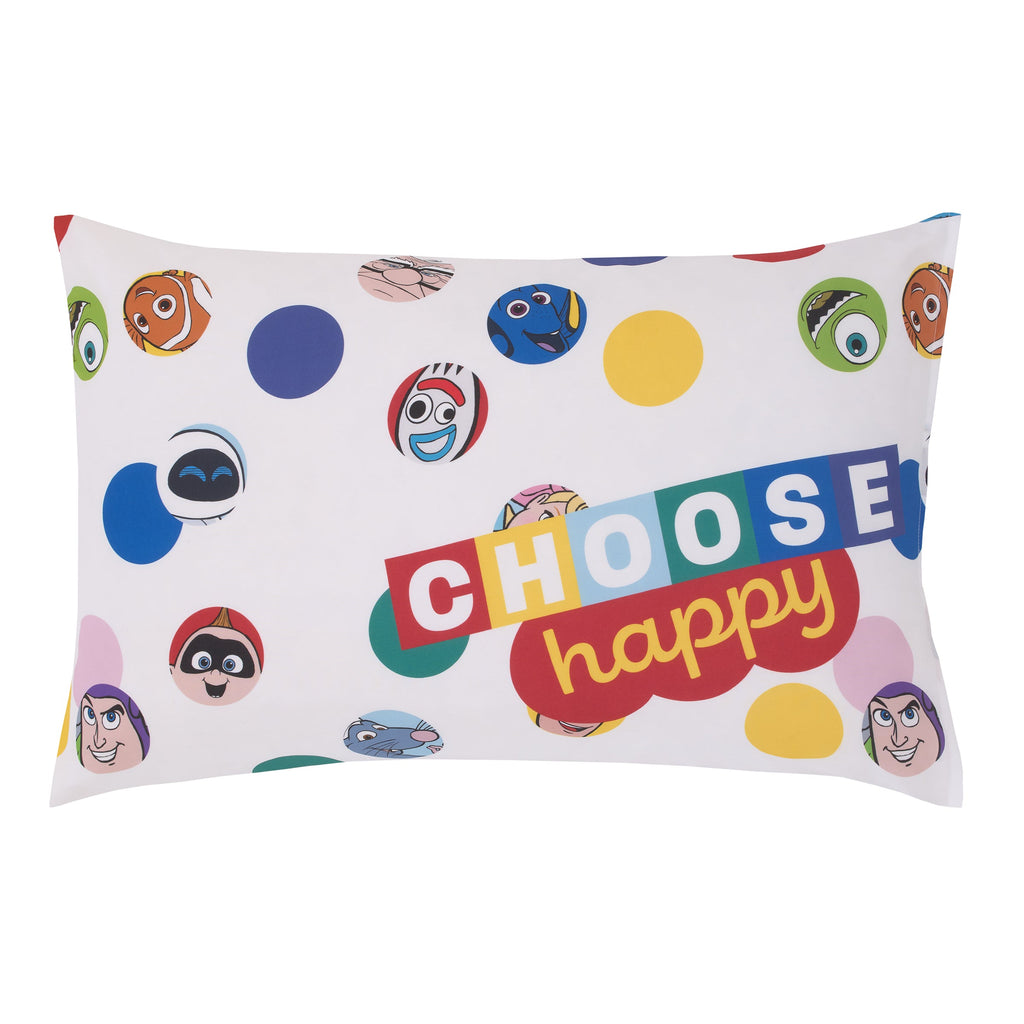 Choose Happy Pixar Friends Multi-Colored 4 Piece Toddler Bed Set - Comforter, Fitted Bottom Sheet, Flat Top Sheet, and Reversible Pillowcase