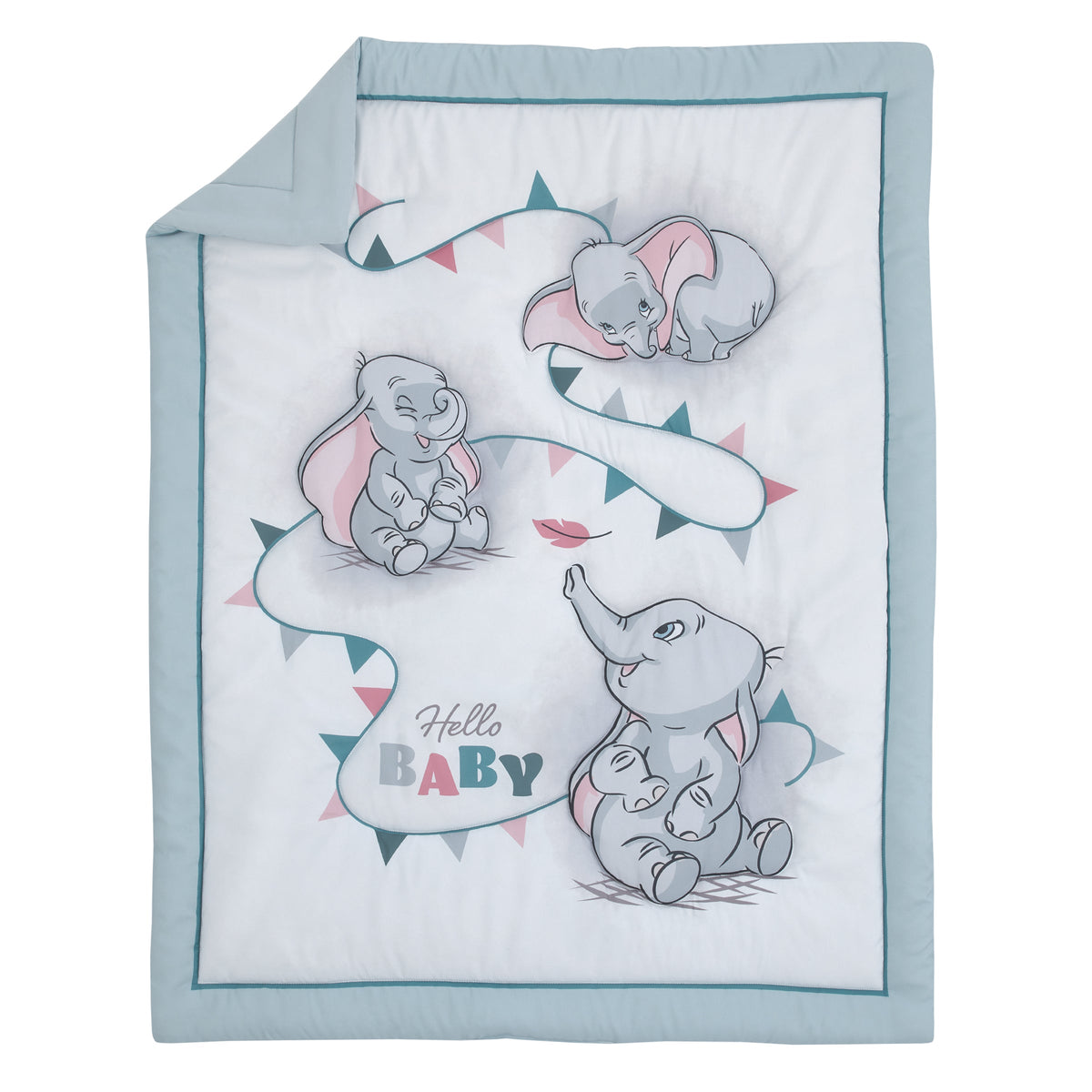 Disney Dumbo Hello Baby Grey and White Circus Banner 3 Piece Nursery Crib Bedding Set - Comforter, Fitted Crib Sheet, and Crib Skirt