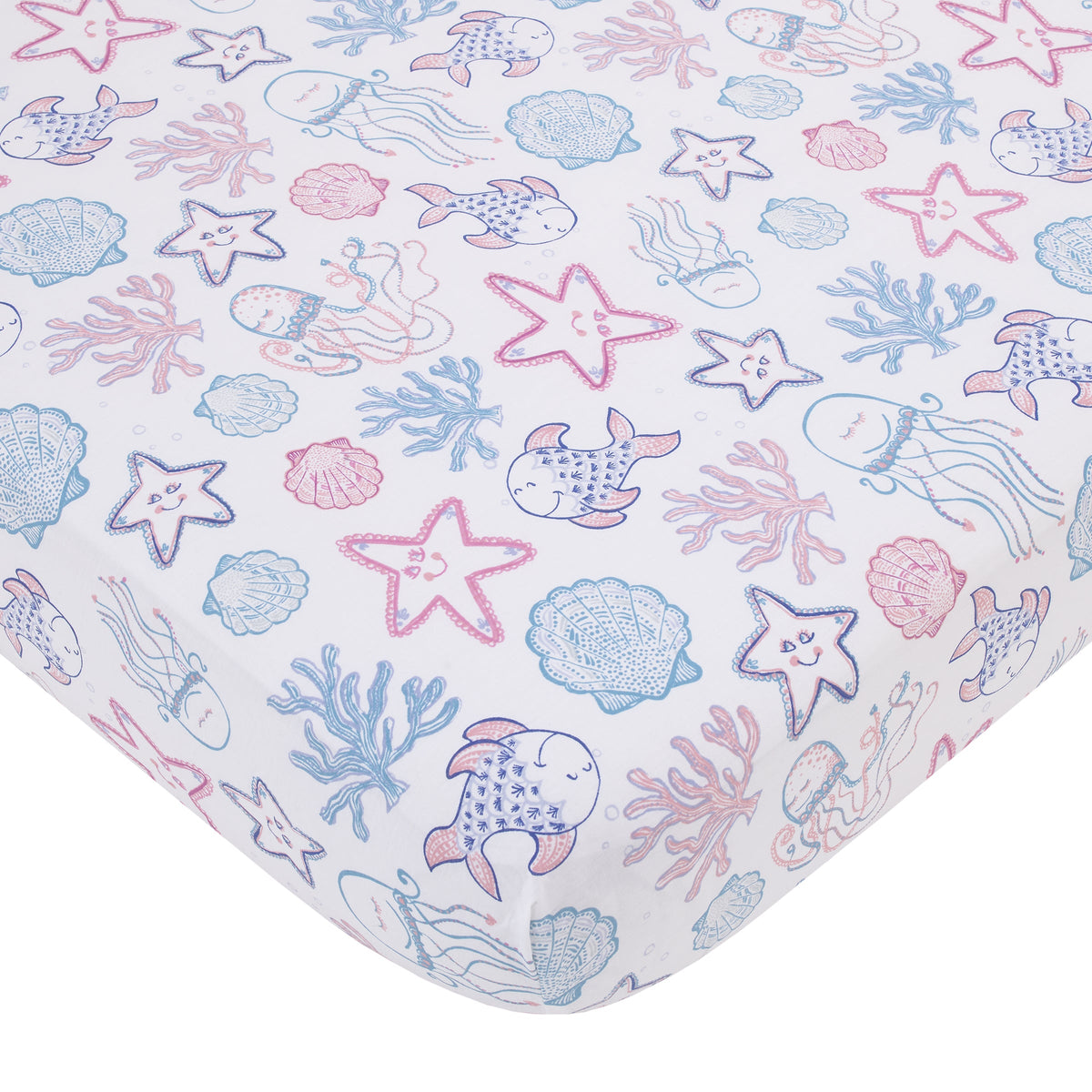 Mermaid Lagoon Pink, Blue and White Undersea Friends, Fish, Coral, Jellyfish and Starfish 4 Piece Nursery Crib Bedding Set - Comforter, 100% Cotton Fitted Crib Sheet, Crib Skirt, and Storage Caddy