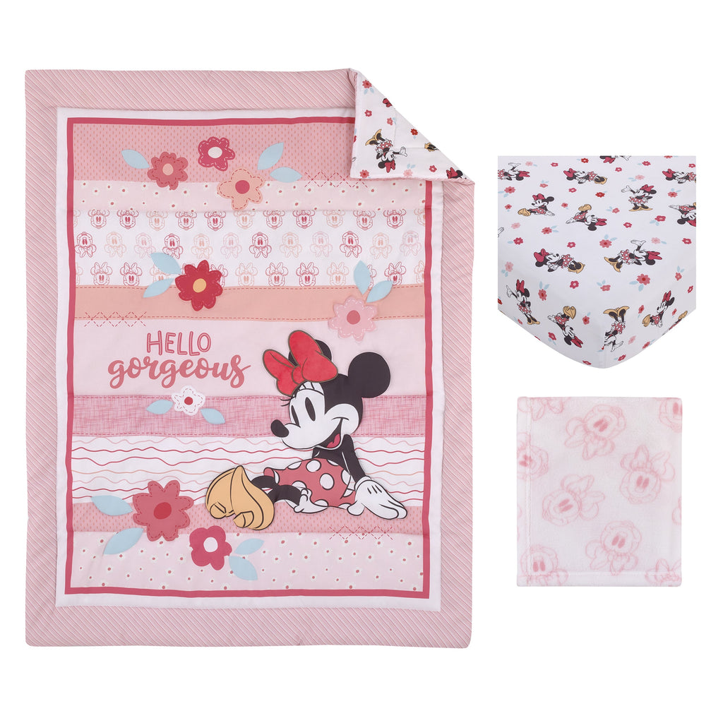 Minnie Mouse Hello Gorgeous Pink and White Floral 3 Piece Nursery Crib Bedding Set - Comforter, Fitted Crib Sheet, and Printed Blanket
