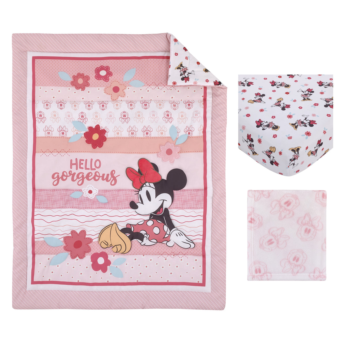 Minnie Mouse Hello Gorgeous Pink and White Floral 3 Piece Nursery Crib Bedding Set - Comforter, Fitted Crib Sheet, and Printed Blanket