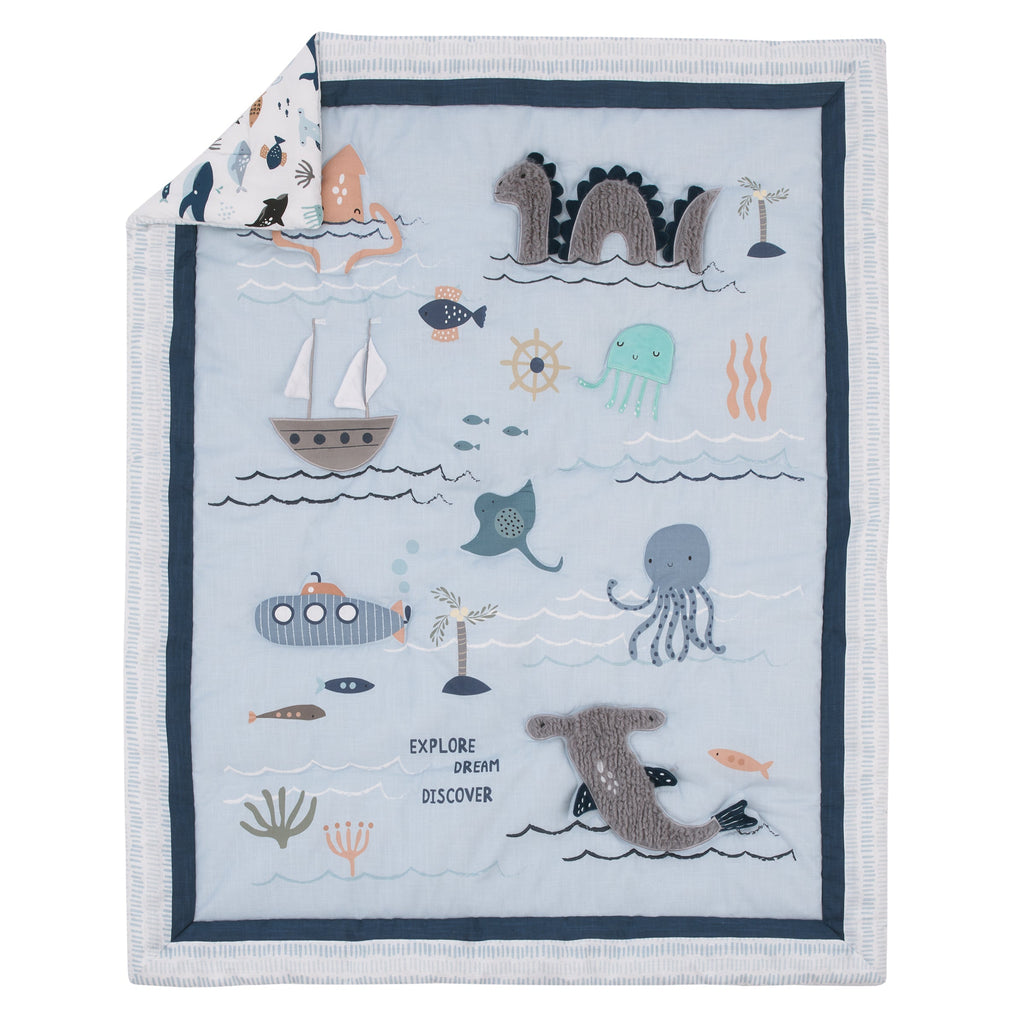 Explore Dream Discover Light Blue, Navy, Gray and Coral Ocean 4 Piece Nursery Crib Bedding Set - Comforter, 100% Cotton Fitted Crib Sheet, Crib Skirt and Nursery Organizer