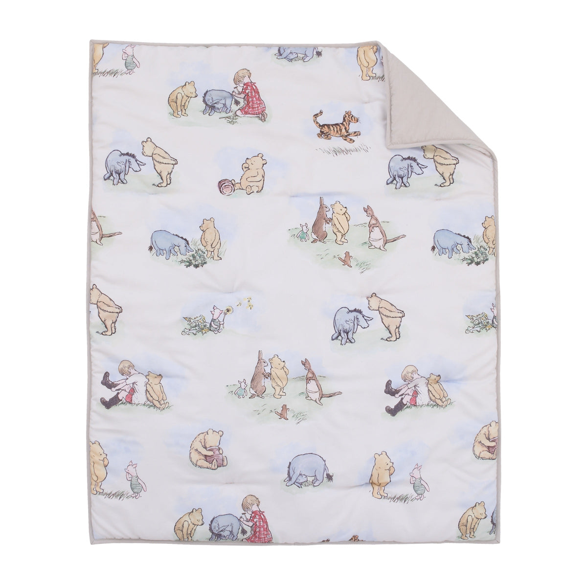 Disney Winnie the Pooh Classic Pooh Ivory, Blue, Sage, Tan Storybook 6 Piece Nursery Crib Bedding Set - Comforter, 2 Fitted Crib Sheets, Dust Ruffle, Baby Blanket, Changing Pad Cover