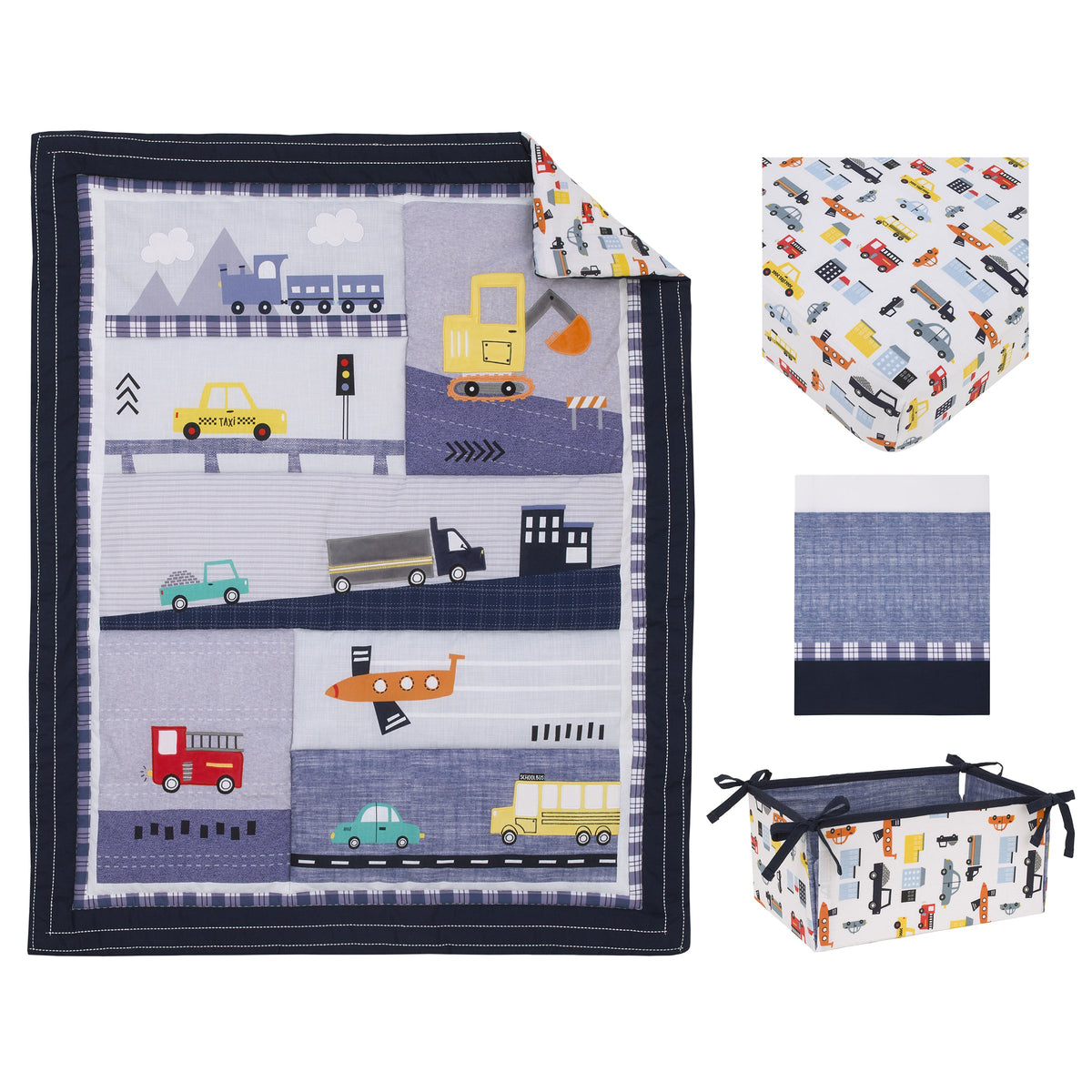 Transportation Trails Navy, Red, and Yellow Busy Cars, Trucks, Fire Engines 4 Piece Nursery Crib Bedding Set - Comforter, 100% Cotton Fitted Crib Sheet, Crib Skirt, and Nursery Organizer