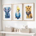 Jungle Nursery Wall Art – Elephant, Parrot & Lion (Set of 3)