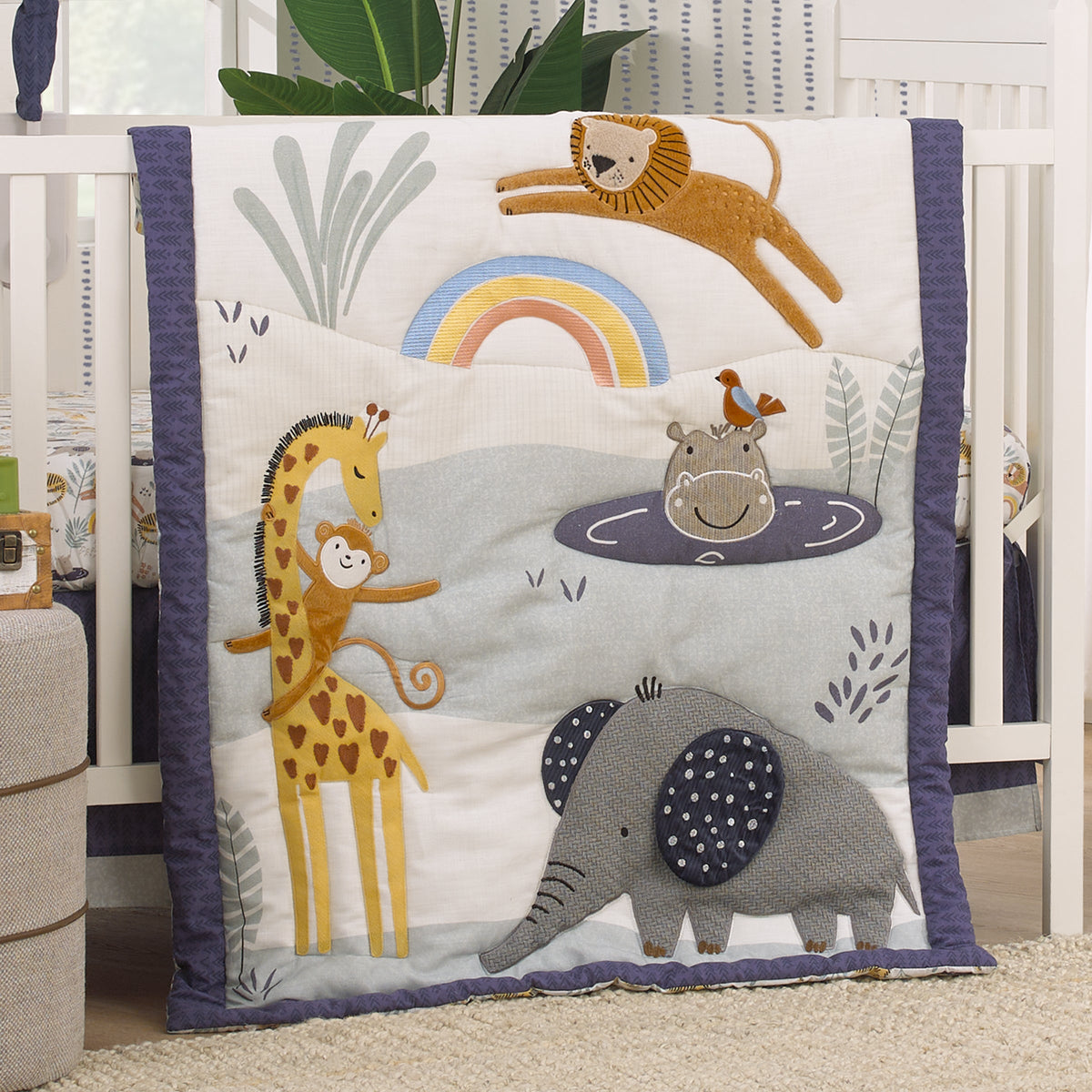 Wild Pals Navy, Gray, and Tan Safari Animals 4 Piece Nursery Crib Bedding Set - Comforter, 100% Cotton Fitted Crib Sheet, Crib Skirt and Nursery Organizer